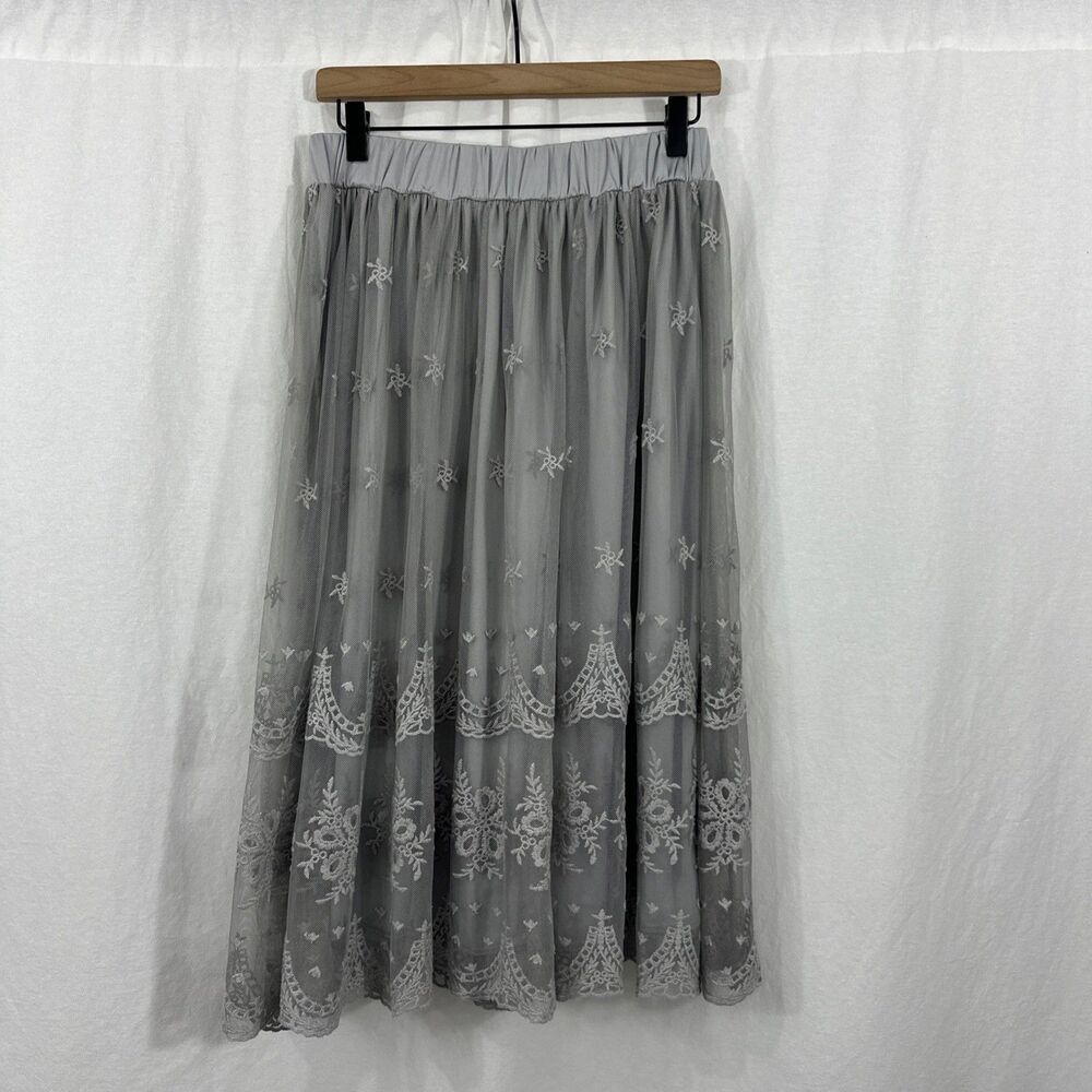 Indigo Soul Gray Lace Overlay Boho Elastic Waist Midi Skirt Womens Size M